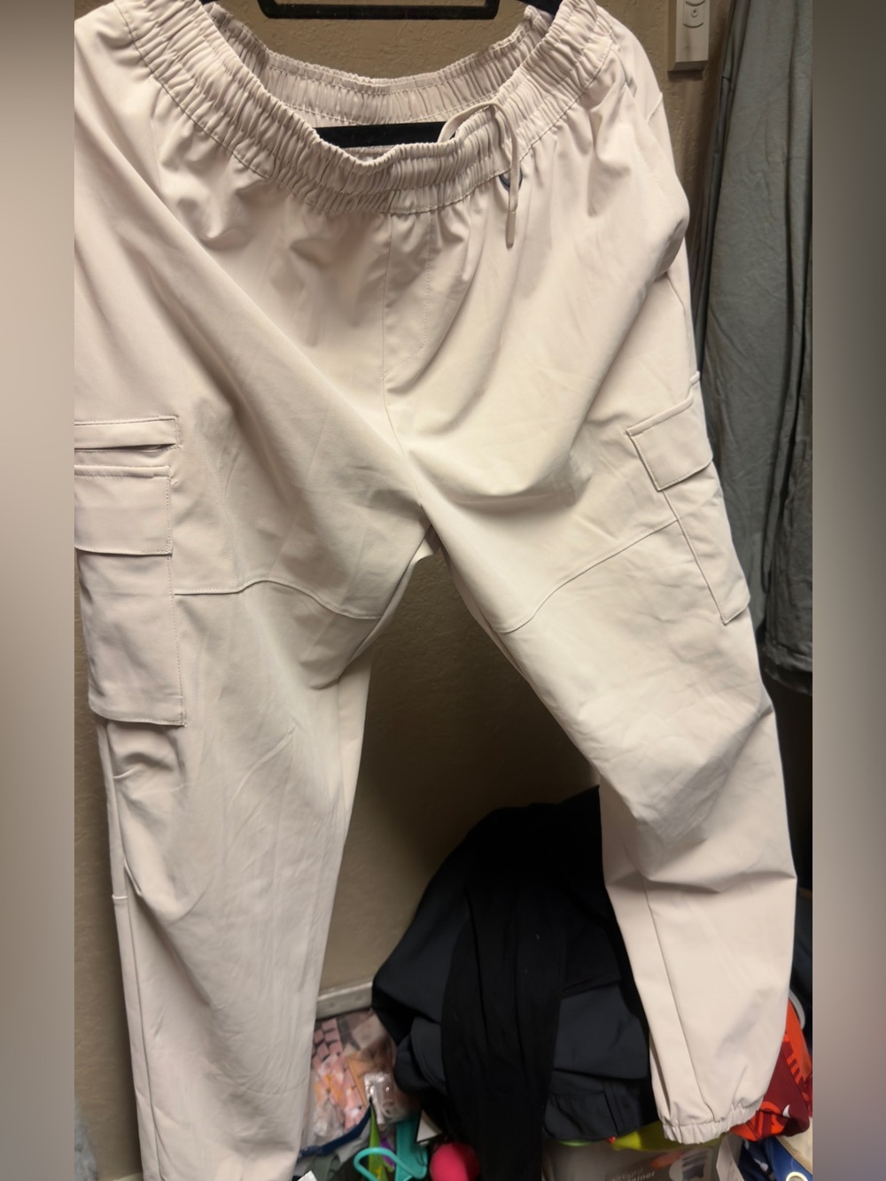 Men's White Cargo Jogger Pants - Elastic Waist